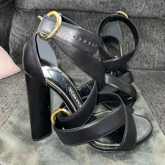 Black leather Tom Ford chunky heels with unique gold loops (stamped with TF) - Picture 1 of 7